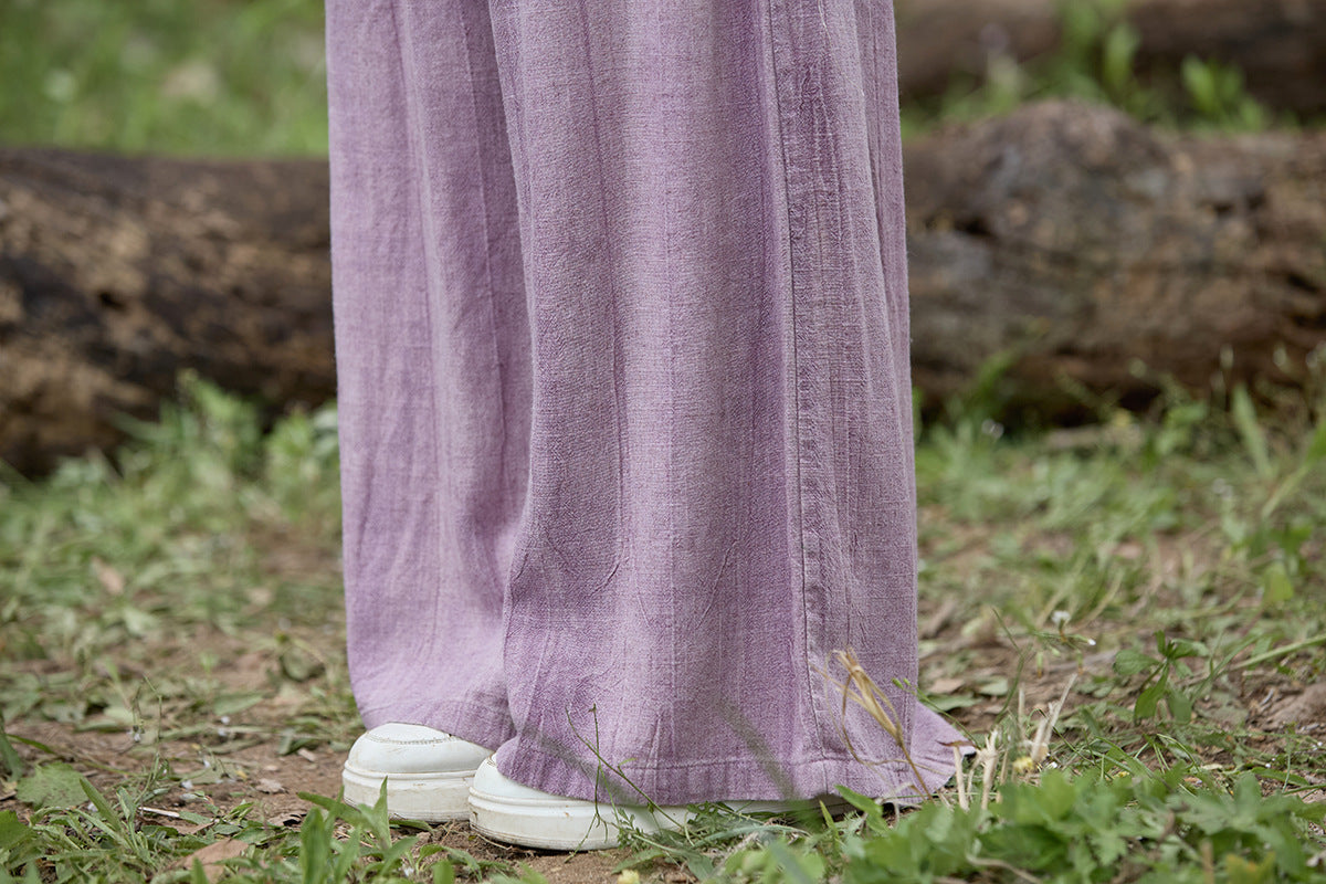 Linen tie-dye trousers elastic waist lace-up elegant loose and thin women's wide-leg trousers