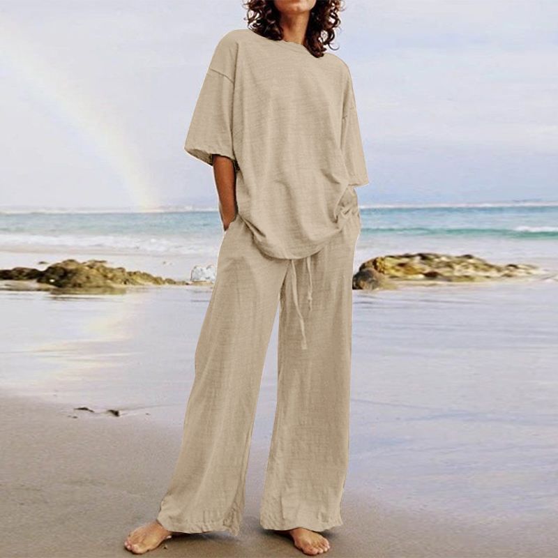 Casual Belt Pocket Set Half-Sleeve O-Neck Top and Wide Leg Pants Set