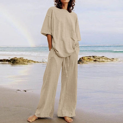 Casual Belt Pocket Set Half-Sleeve O-Neck Top and Wide Leg Pants Set