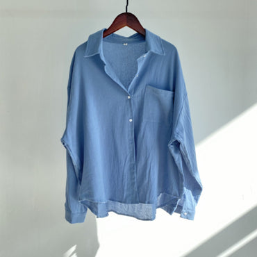 Solid Color Cotton and Linen Top Loose Fashion Casual Shirt Women