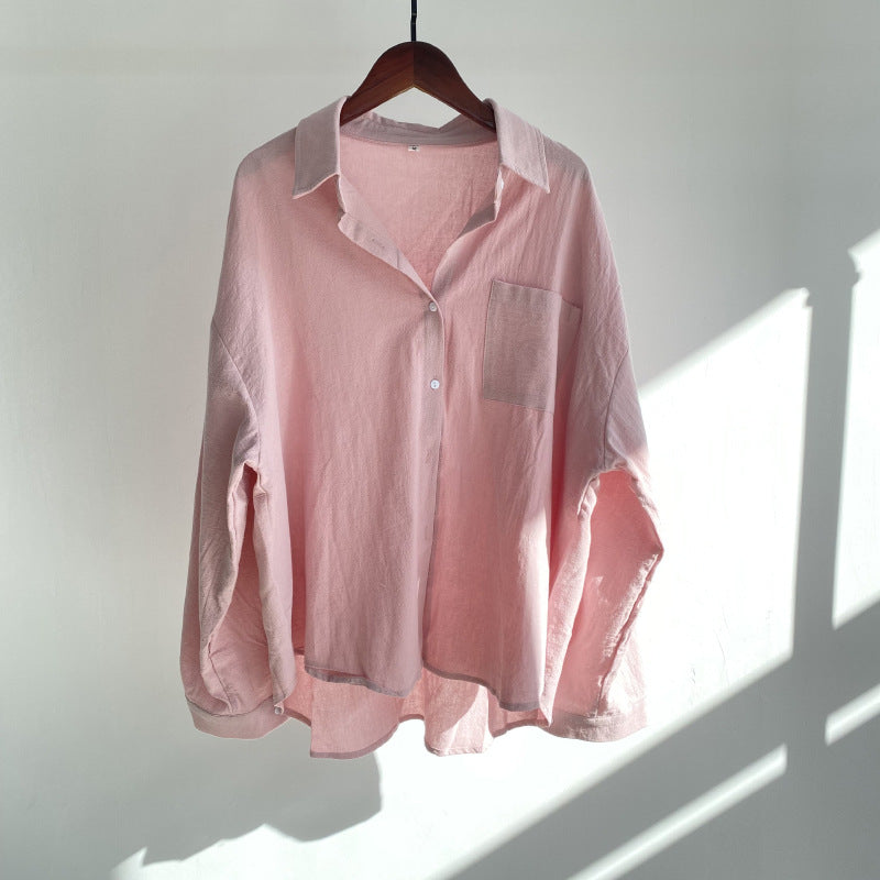 Solid Color Cotton and Linen Top Loose Fashion Casual Shirt Women