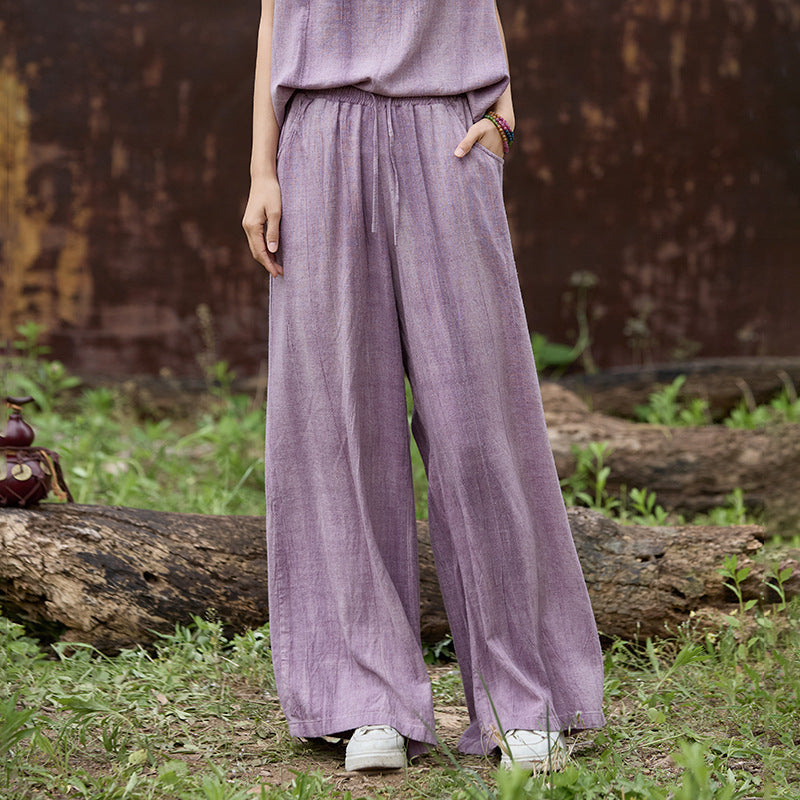 Linen tie-dye trousers elastic waist lace-up elegant loose and thin women's wide-leg trousers