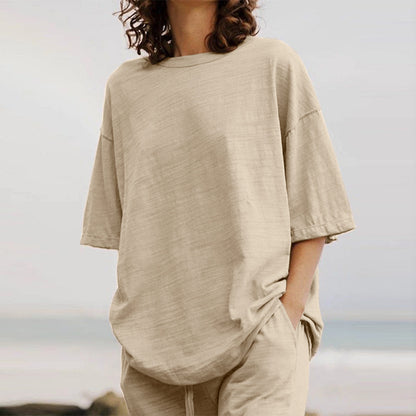 Casual Belt Pocket Set Half-Sleeve O-Neck Top and Wide Leg Pants Set