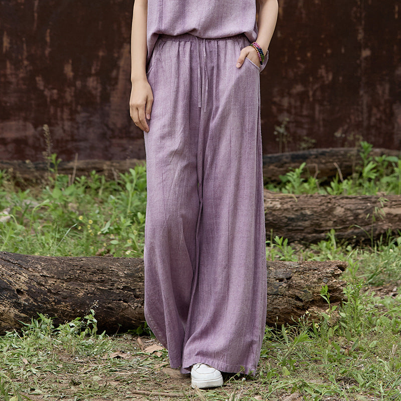 Linen tie-dye trousers elastic waist lace-up elegant loose and thin women's wide-leg trousers