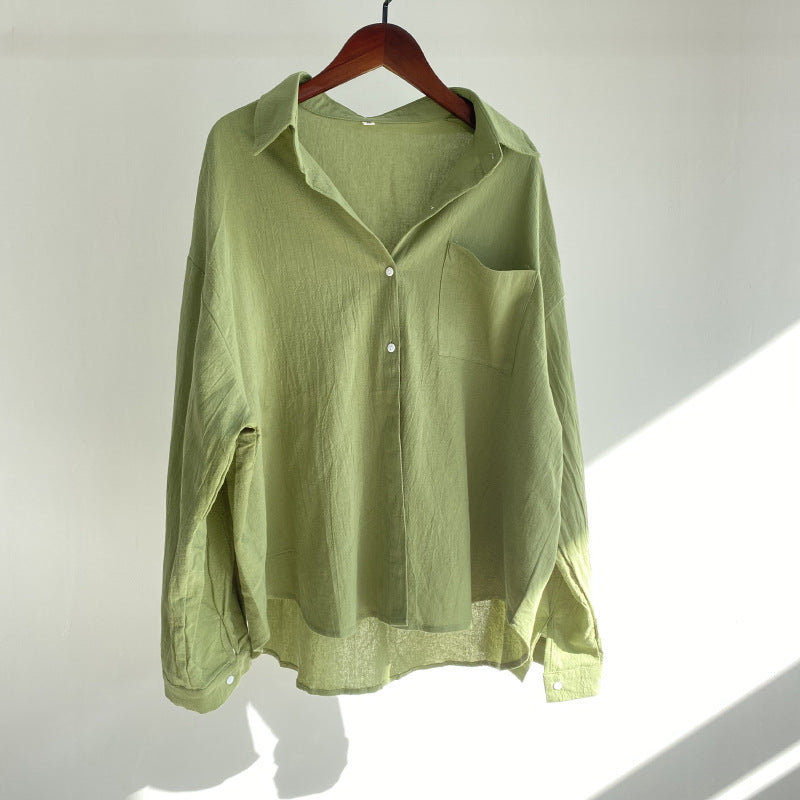 Solid Color Cotton and Linen Top Loose Fashion Casual Shirt Women