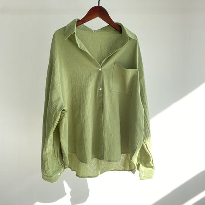 Solid Color Cotton and Linen Top Loose Fashion Casual Shirt Women