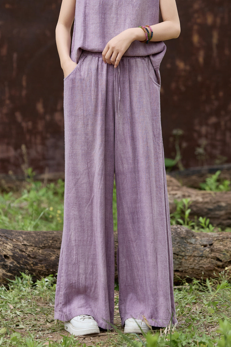 Linen tie-dye trousers elastic waist lace-up elegant loose and thin women's wide-leg trousers
